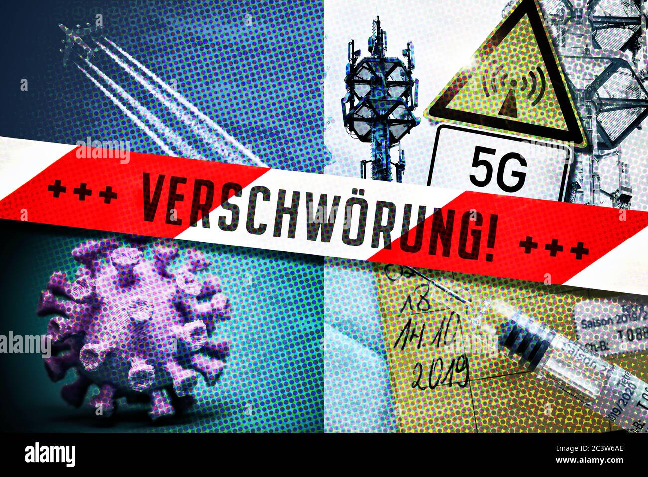 PHOTOMONTAGE, pictures of coronavirus, Vapor, 5G and Impfspritze with tape and labeled conspiracy symbol photo for conspiracy, FOTOMONTAGE, Bilder von Stock Photo