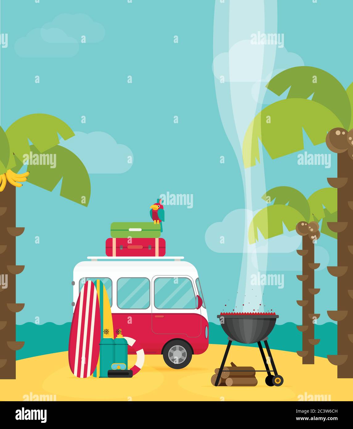 Vector caravan trailer camping in flat style. Stock Vector