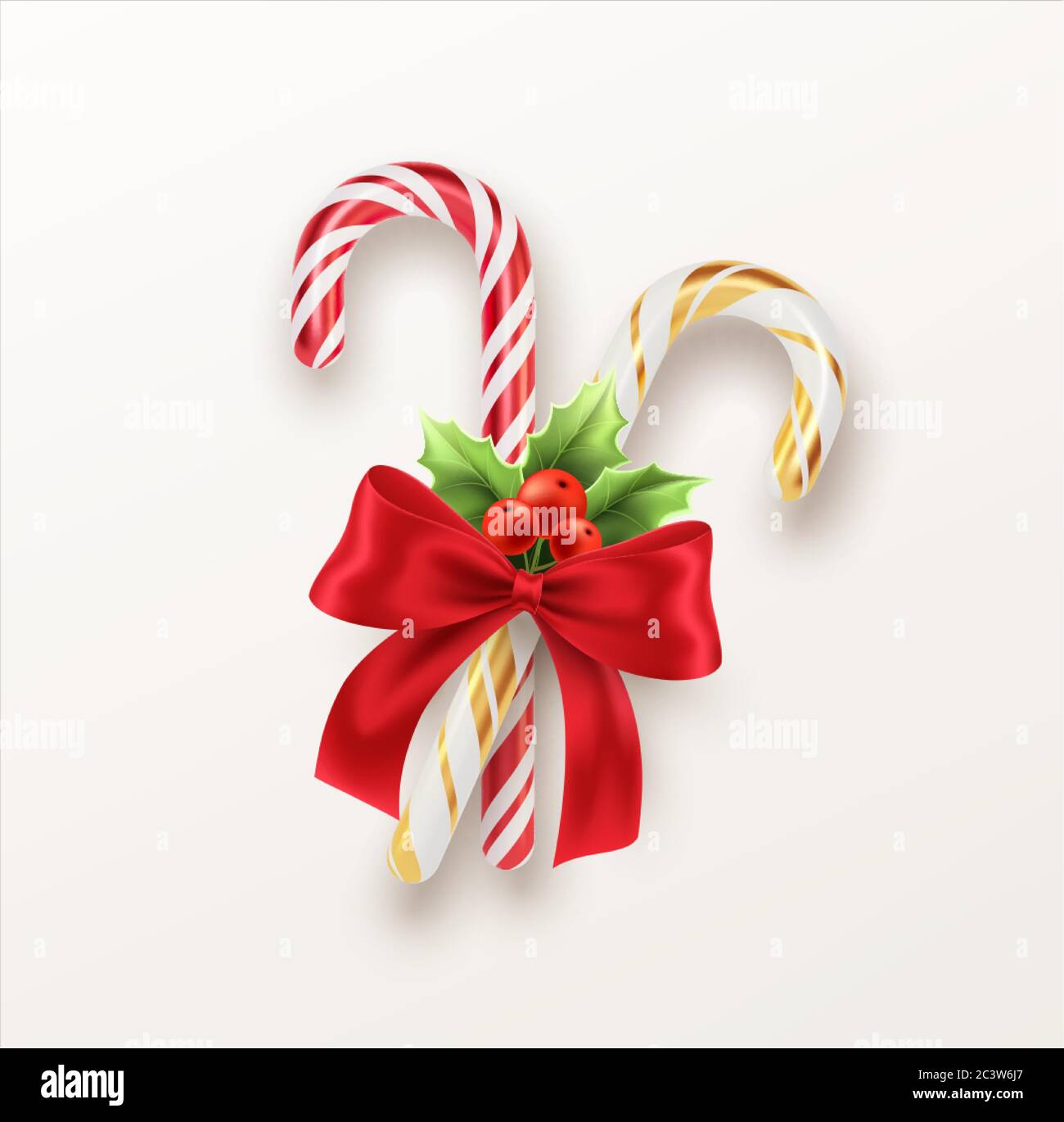 Realistic Xmas candy cane with red bow and a sprig of Christmas holly ...