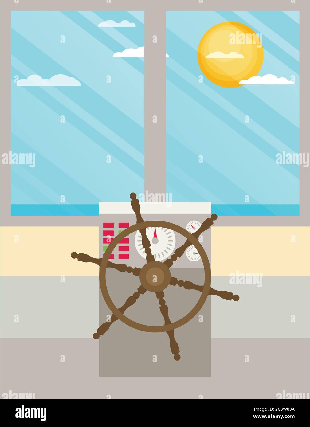 Captain's wheel on boat flat illustration Stock Vector