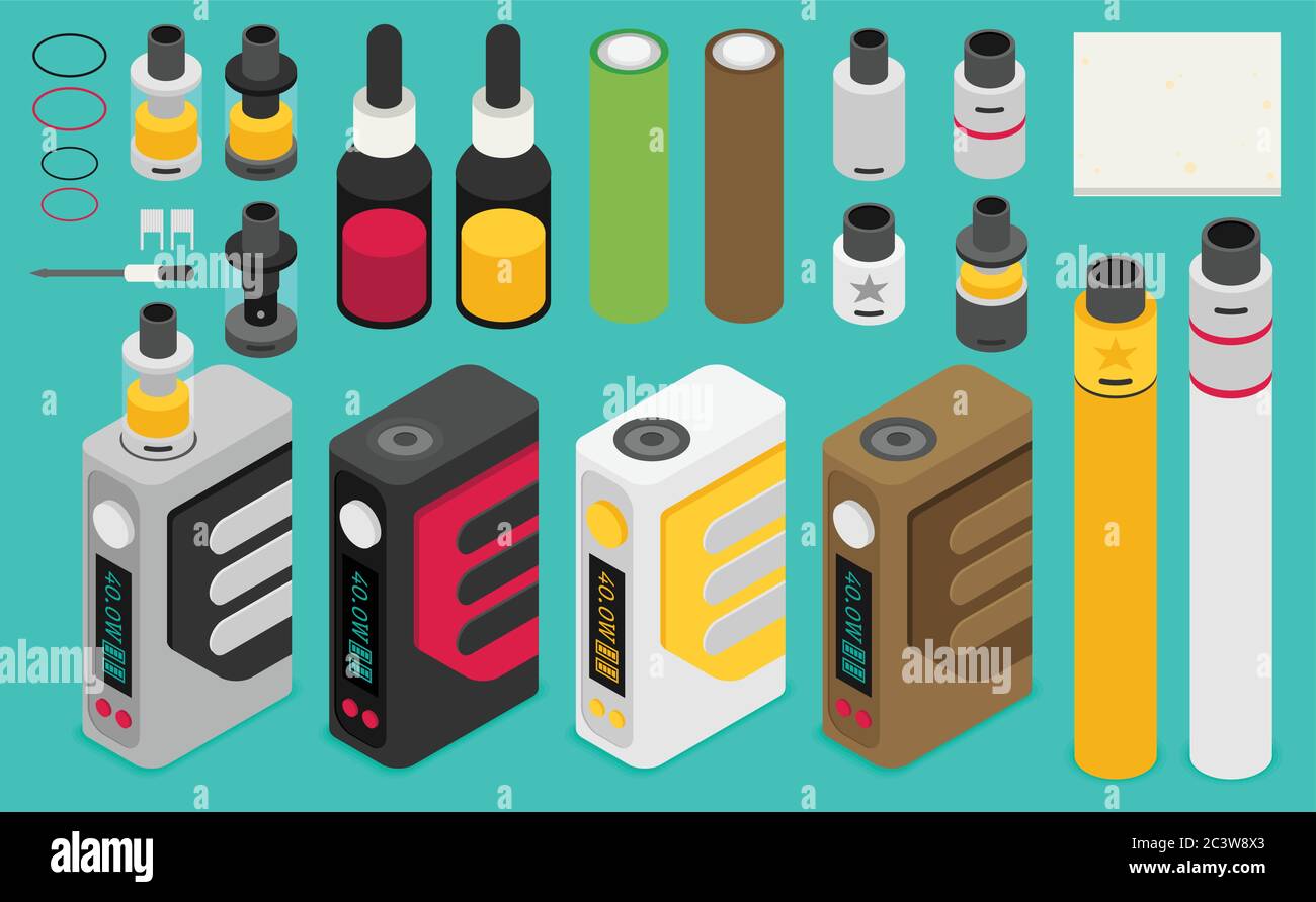 Isometric Icon of Vape device set. Flat vector. Stock Vector
