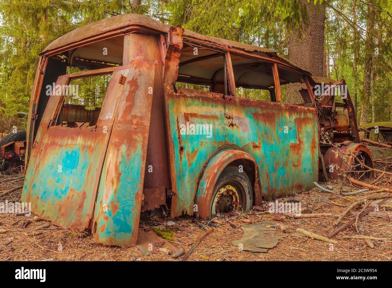 Wreck of a colorful rusted old transport bus in a forest Stock Photo