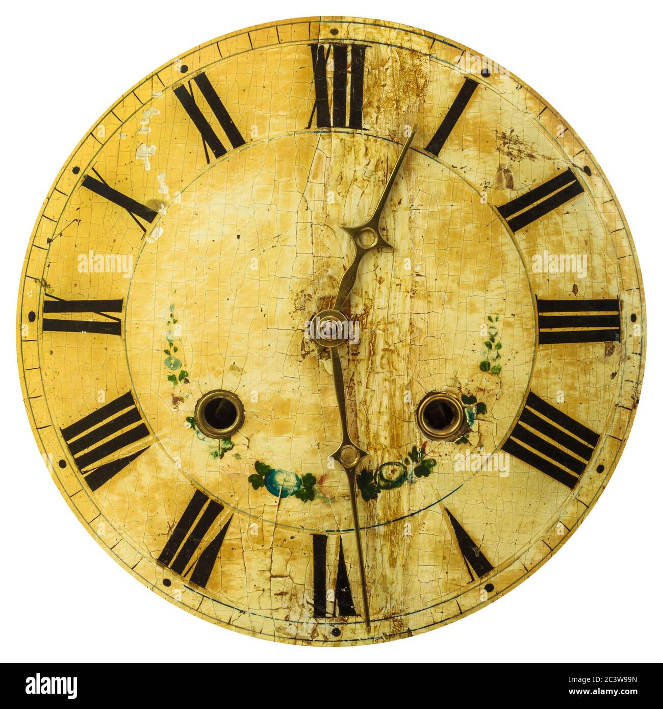 Ancient weathered clock face with cracks isolated on a white background Stock Photo