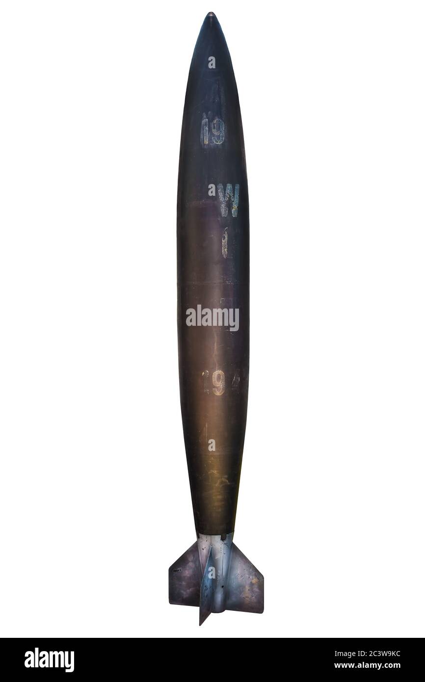 Ancient military missile bomb isolated on a white background Stock Photo