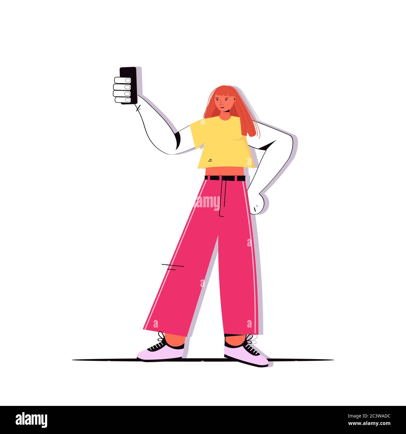 young woman in casual clothes taking selfie photo on smartphone camera female cartoon character standing pose full length isolated vector illustration Stock Vector