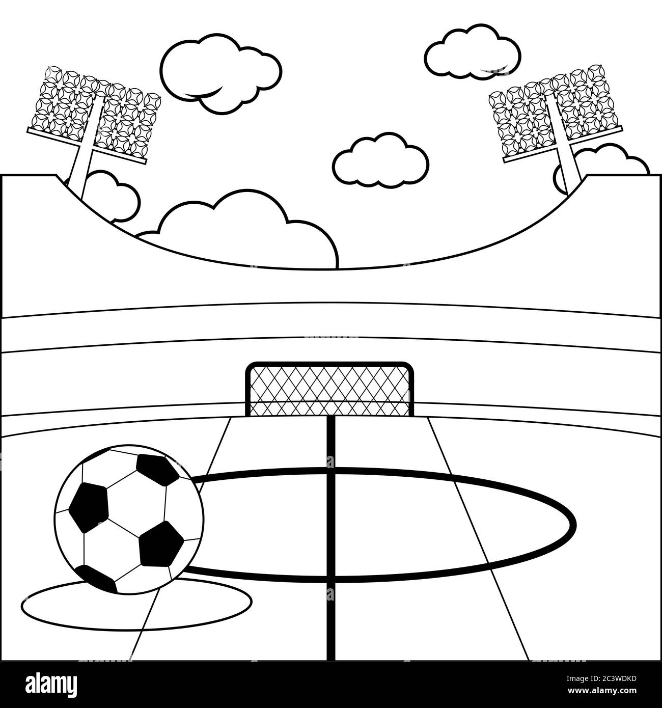Football Field Coloring Page - Soccer Stadium And A Soccer Ball Black And White Coloring Page 2C3WDKD