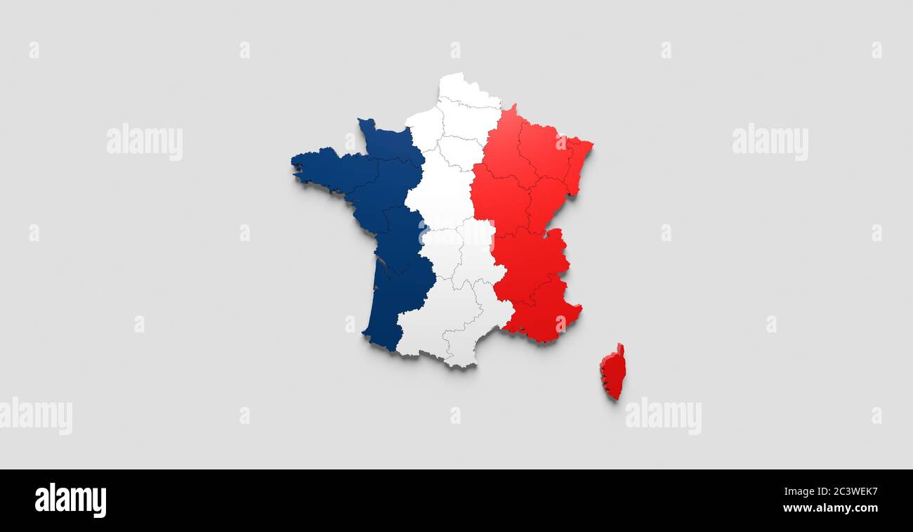 map of french regions with french flag 3D rendering light grey background Stock Photo