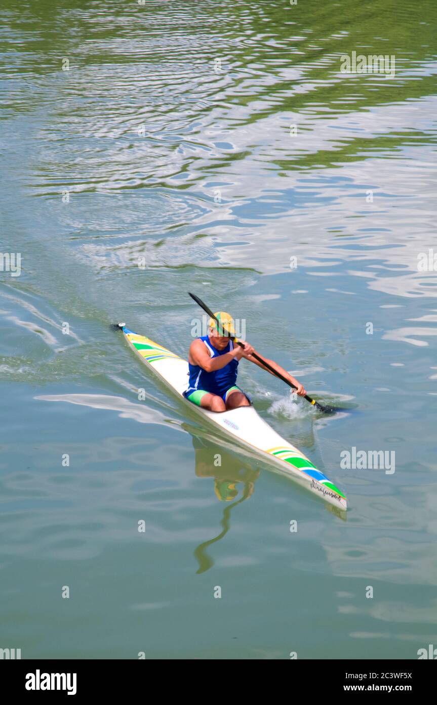 Canoeist in river Tajo. Aranjuez, Spain. Stock Photo