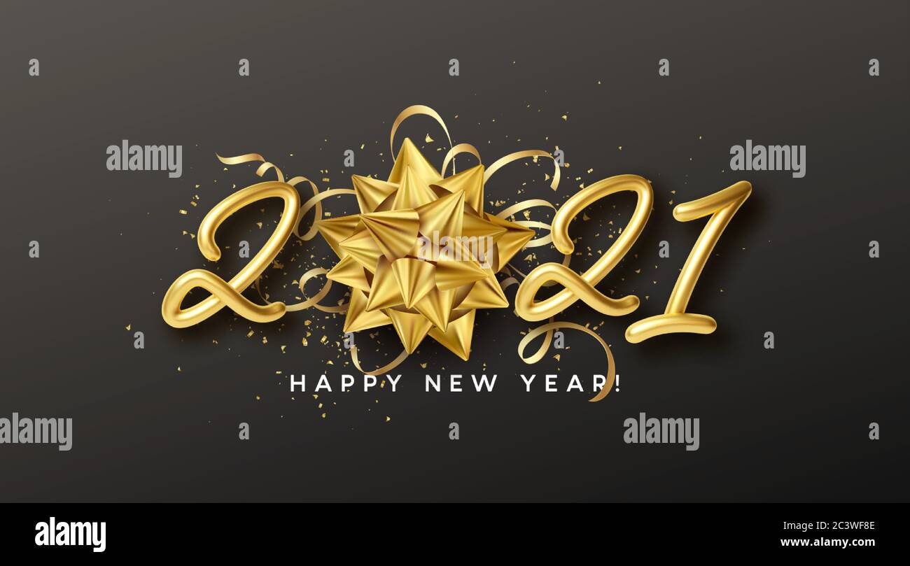 Happy New Year Realistic gold inscription 2021 with gift golden bow and gold tinsel on a black background. Vector illustration Stock Vector