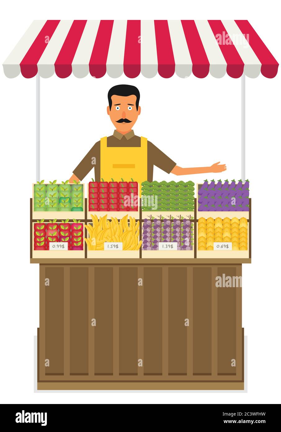 Produce shop keeper. Fruit and vegetables retail business owner working in  his own store. Flat illustration. EPS 10 vector Stock Vector Image & Art -  Alamy
