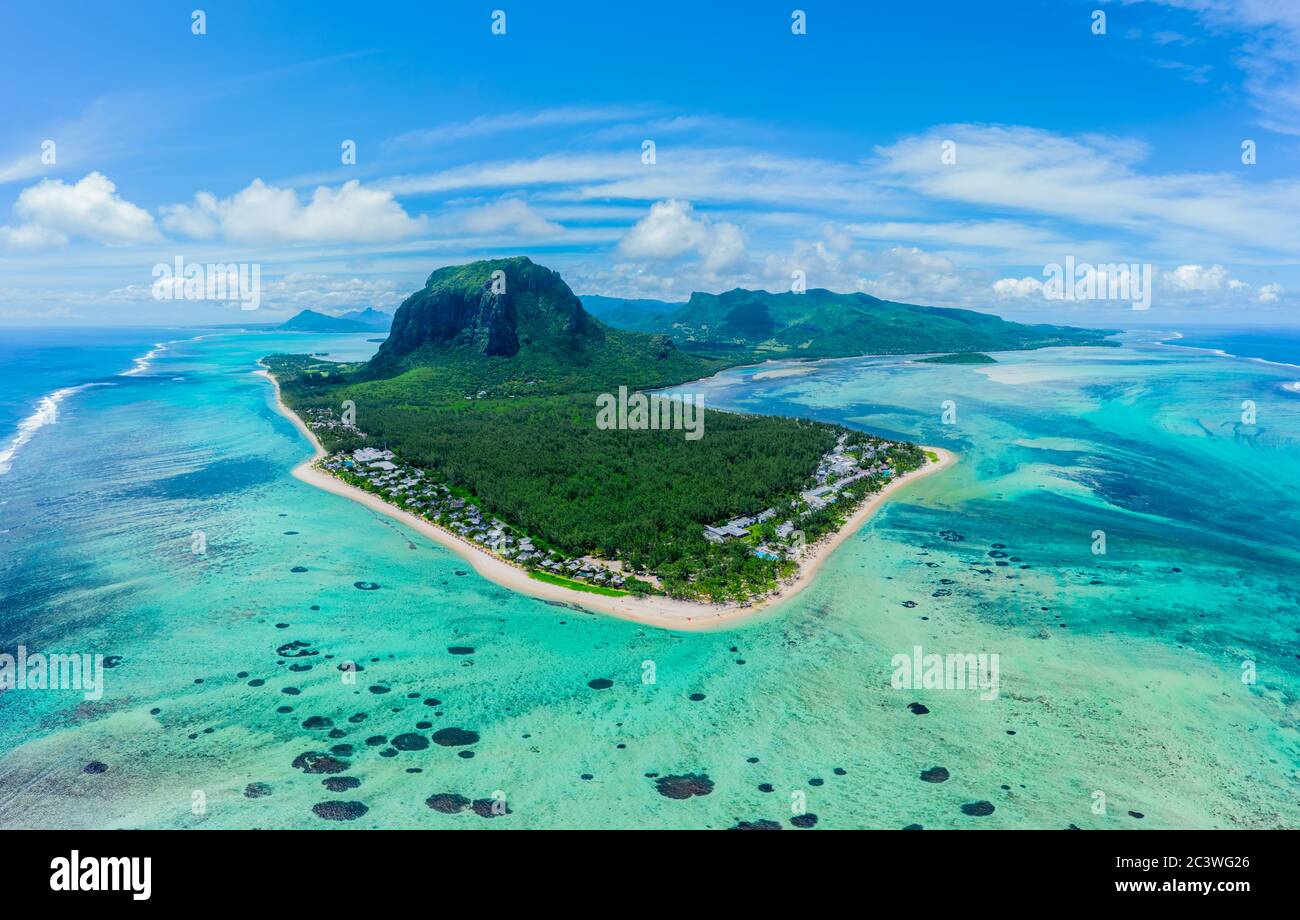 Aerial view of Le Morne Brabant, a UNESCO world heritage site.Coral reef of the island of Mauritius. panorama underwater waterfall Stock Photo