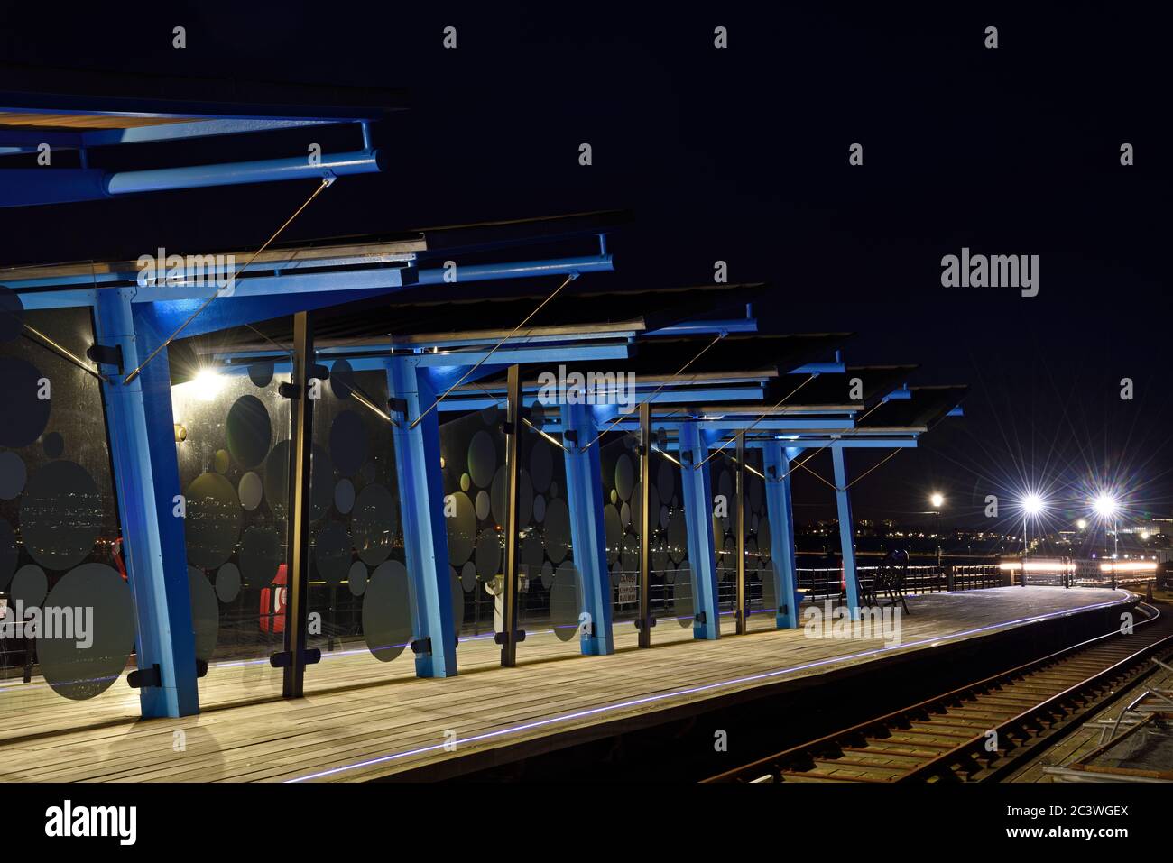 Southend Pier railway station at night. Stock Photo