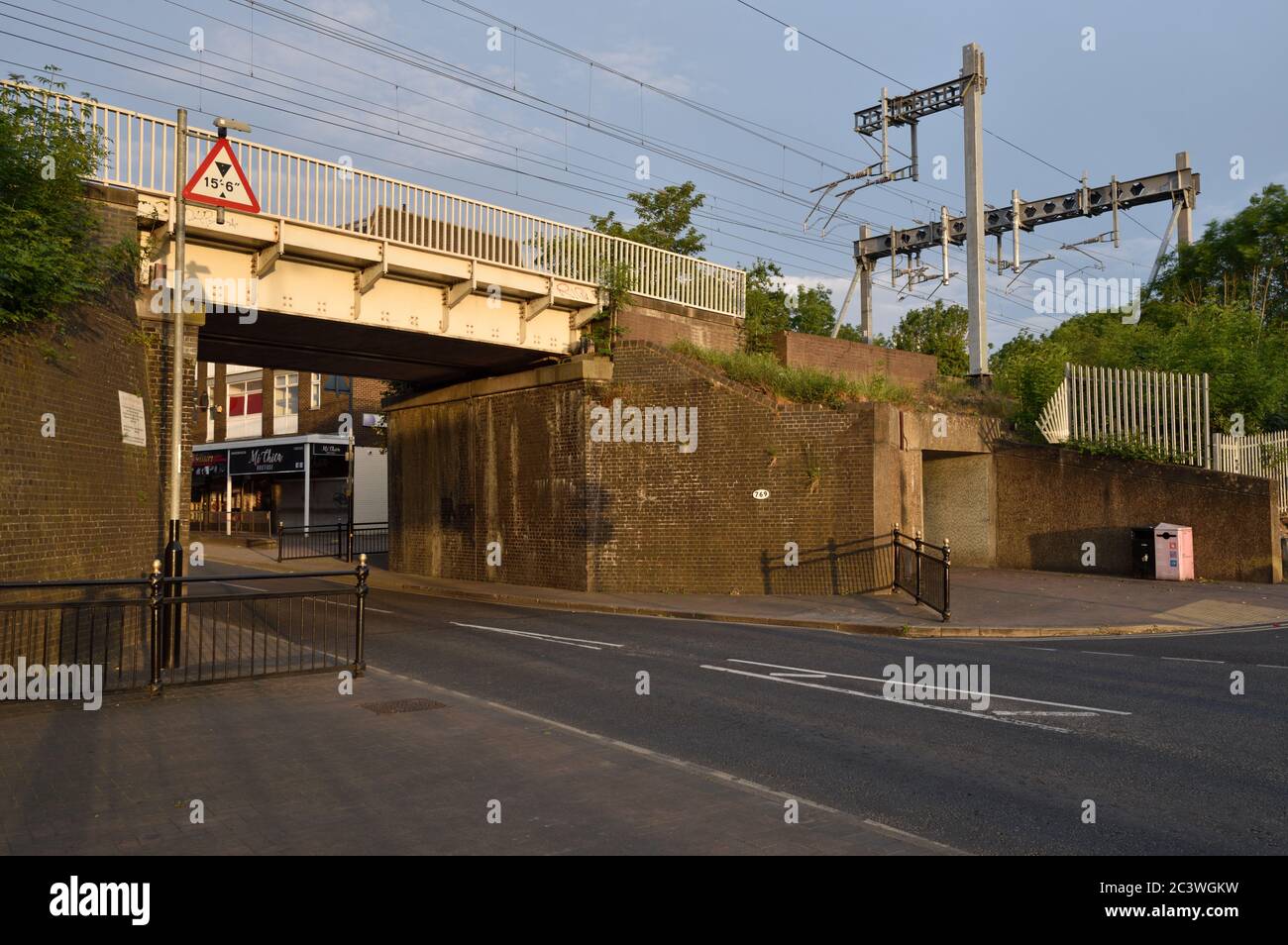 The railway bridge (No 769) which crosses the High Street on the corner of Station Approach at Wickford, Essex. Stock Photo