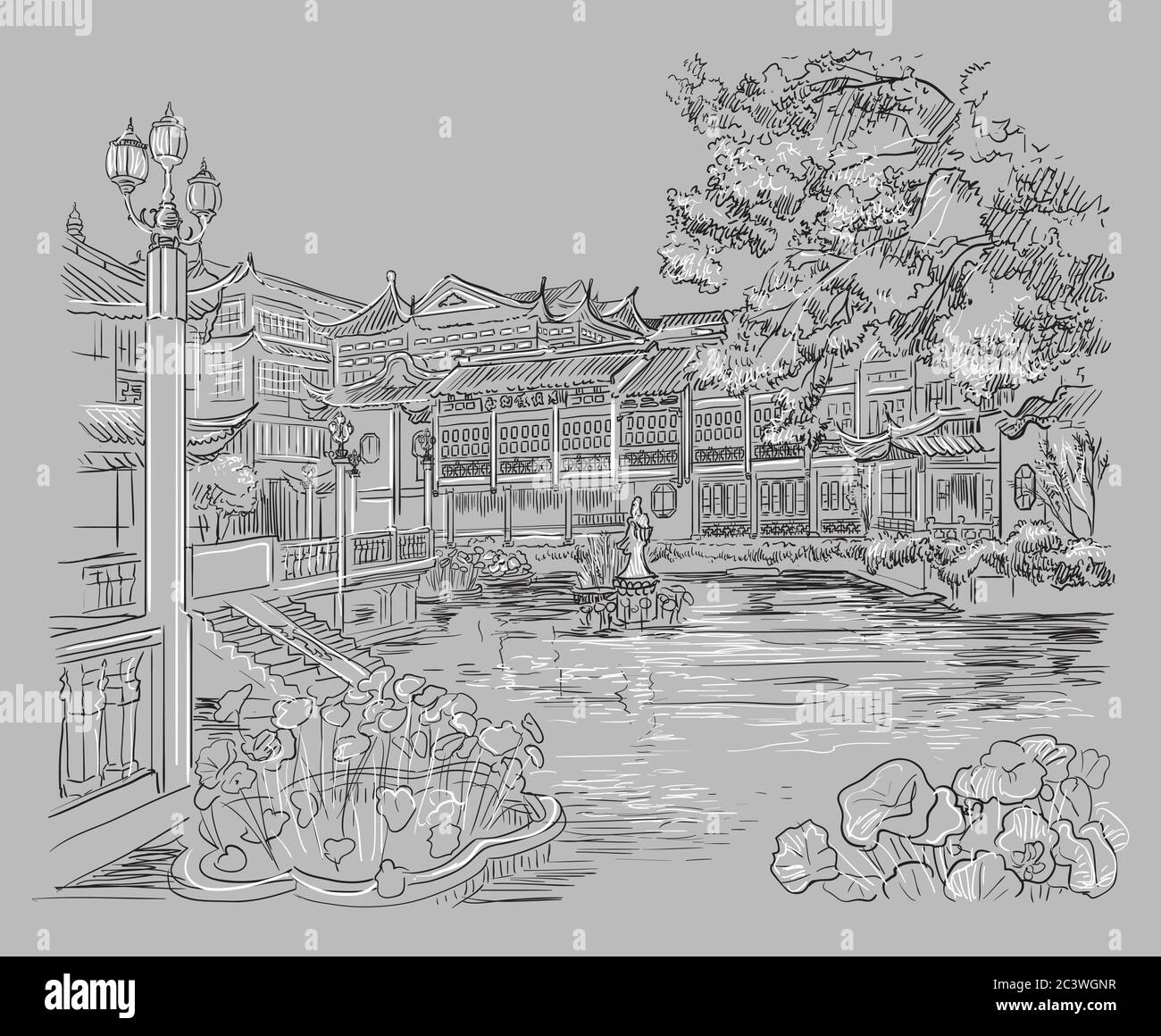 Yuyuan Garden (Garden of Happiness), Old City of Shanghai, landmark of China. Hand drawn monochrome vector sketch illustration isolated on gray backgr Stock Vector