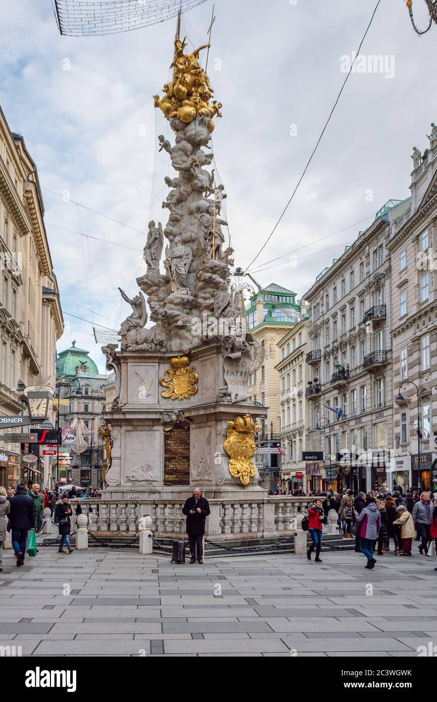 The Plague Column, or Trinity Column  is a Holy Trinity column located on the Graben, a street in the inner city of Vienna, Austria. Stock Photo