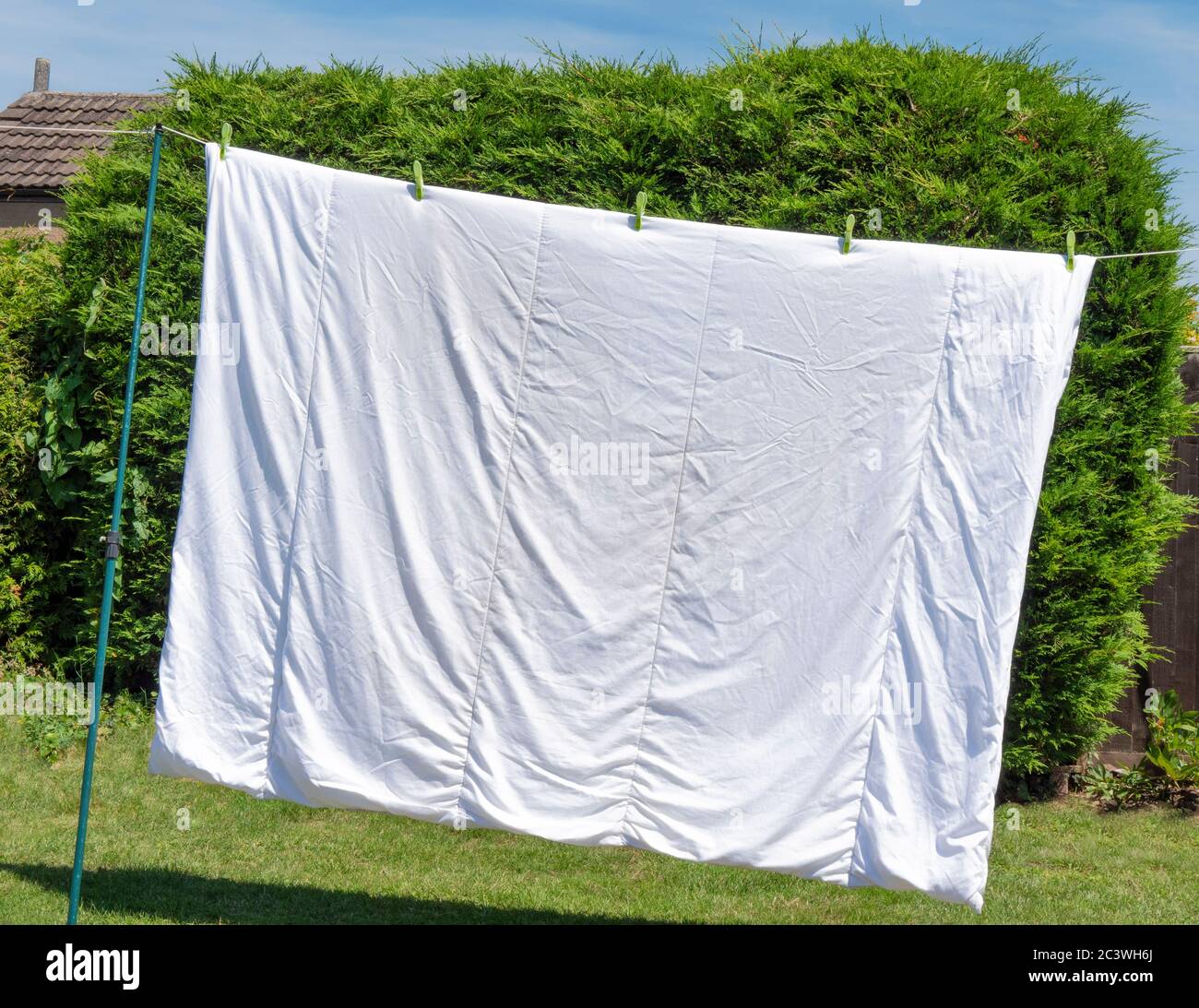 A wet double bed quilt, hanging and pegged out to dry on a washing line