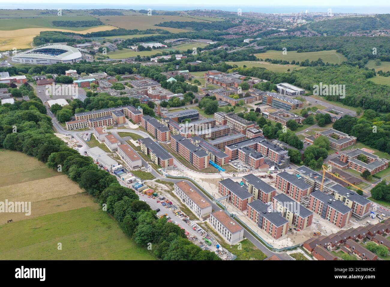 Drone, aerial view of Sussex University Stock Photo