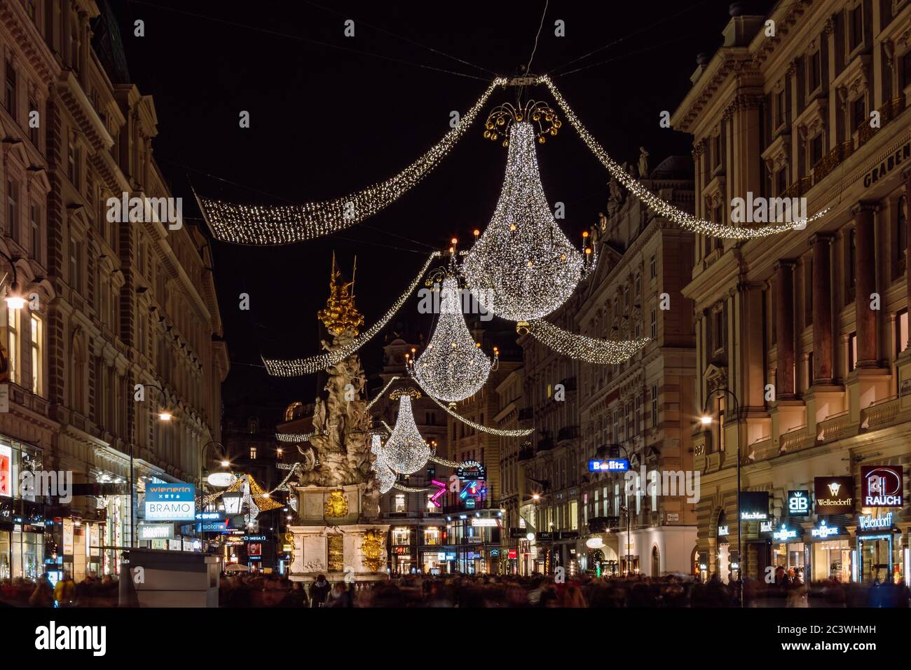 Graben street with Christmas chandeliers in Vienna in night, Austria. Stock Photo