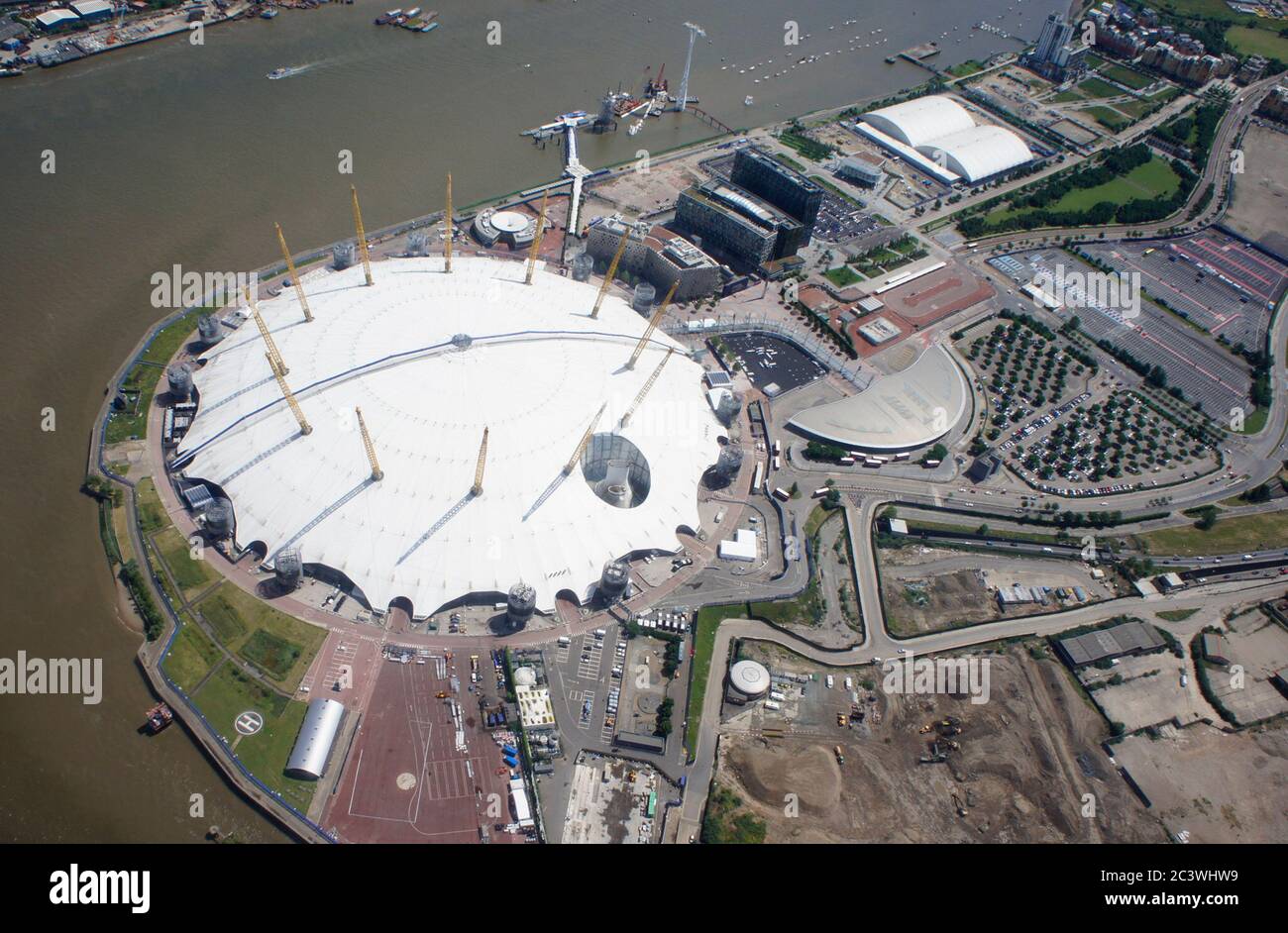 The O2 arena from the air showing Greenwich  peninsula and River Thames Stock Photo