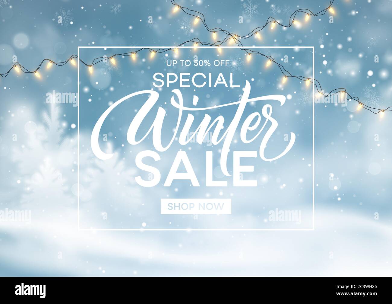 Winter sale background template. Christmas winter snowy landscape. Winter snow dust background. Vector illustration Stock Vector