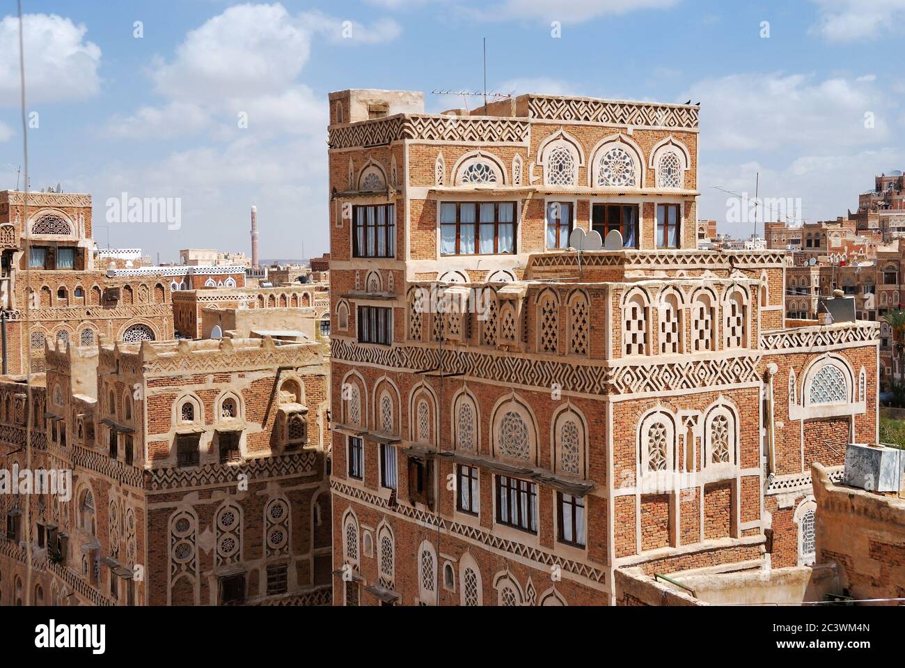 Traditional architecture in Sanaa at sunrise, Yemen. Inhabited for more