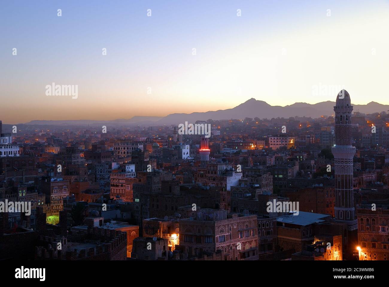 The capital of Yemen. View on the old city from roof at dawn Stock Photo