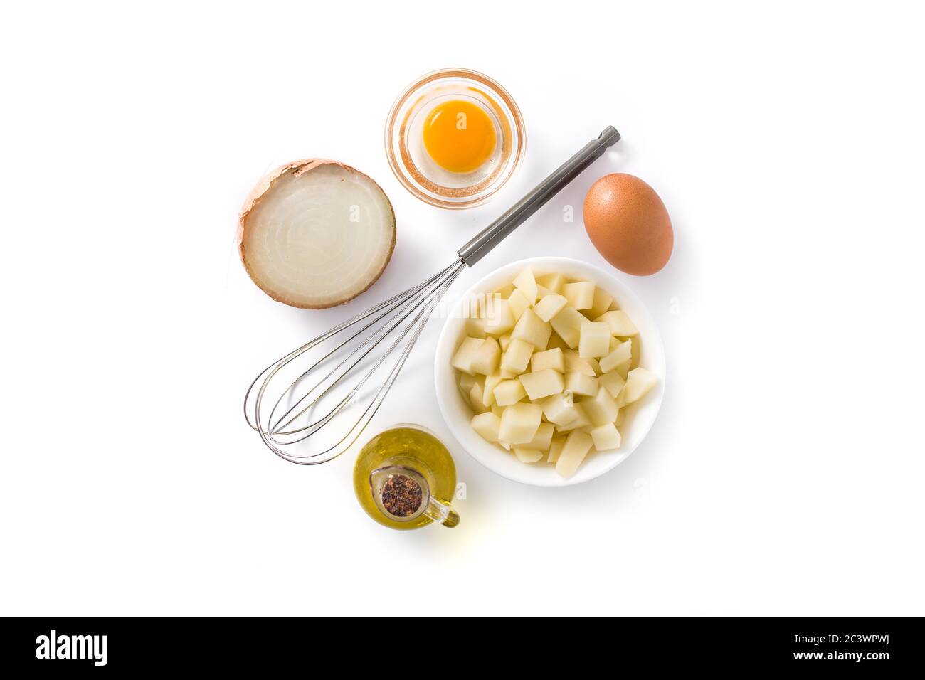 Spanish omelette tortilla ingredients eggs, potatoes and onion