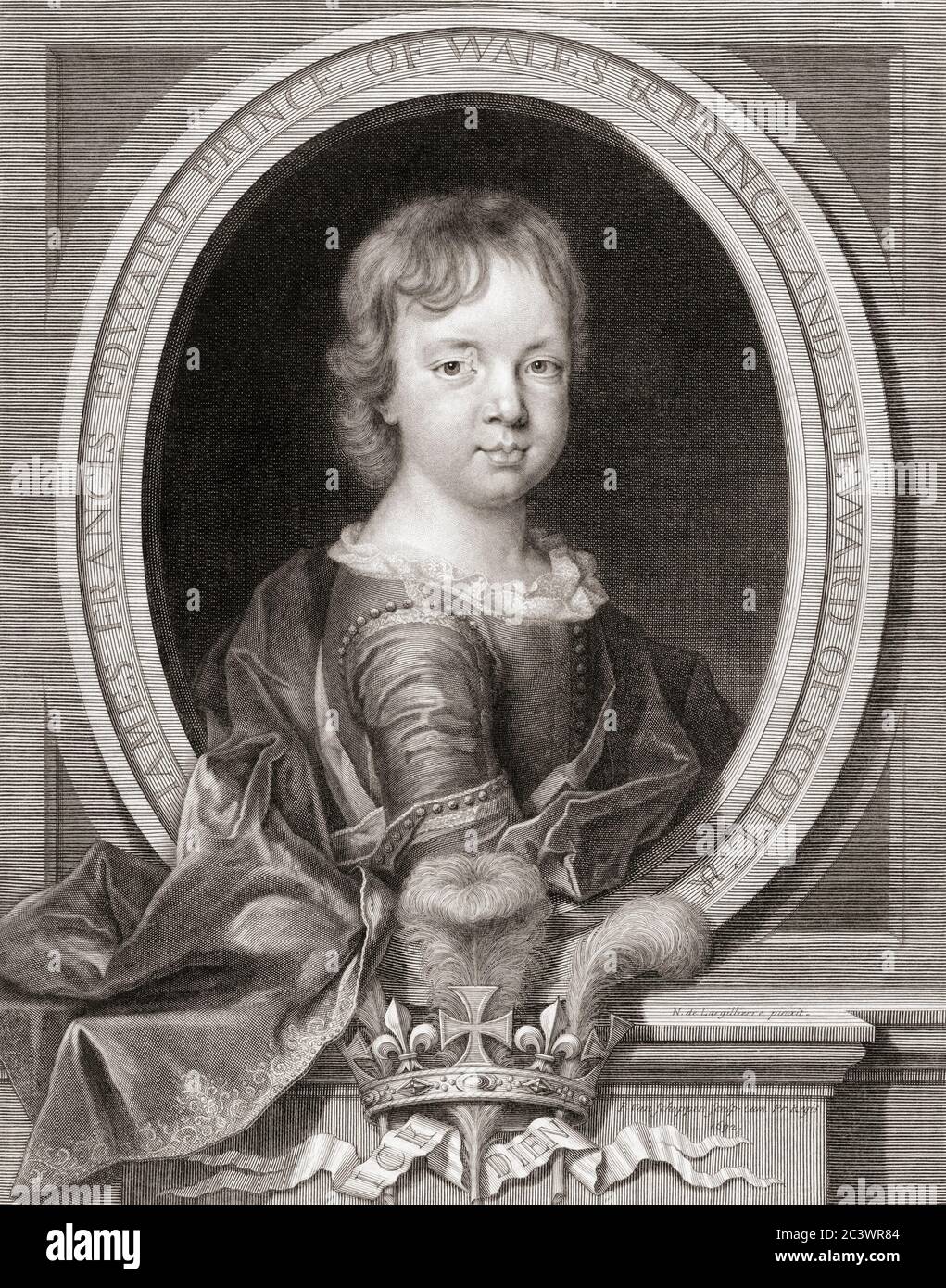 Prince James Francis Edward Stuart, 1688 - 1766.  Claimant to the English, Scottish and Irish crowns.  Known as the Old Pretender.  Seen here as a child.  From an engraving by Pieter Louis van Schuppen, after a work by Nicolas de Largillière. Stock Photo