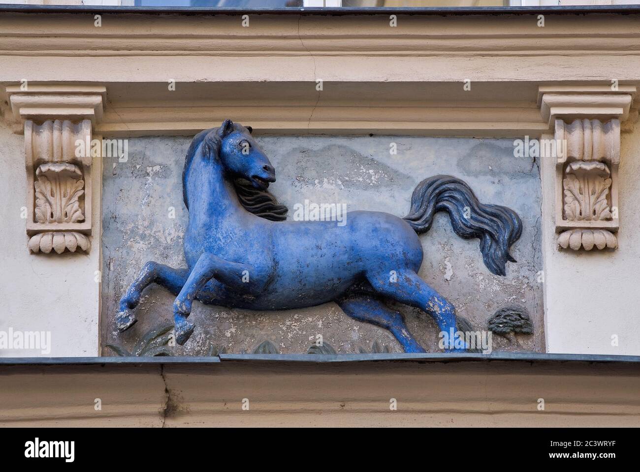 Blue Horse sign on house at Male Namesti in Old Town, Prague, Czech Republic Stock Photo