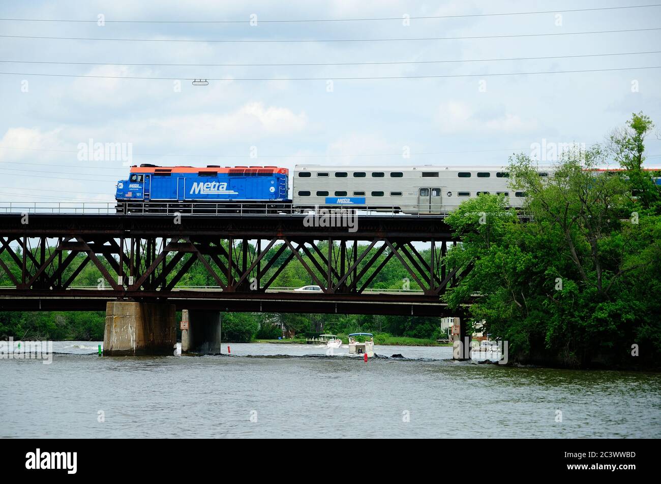 Chicago METRA train crossing bridge in Fox River Grove, Illinois. Stock Photo