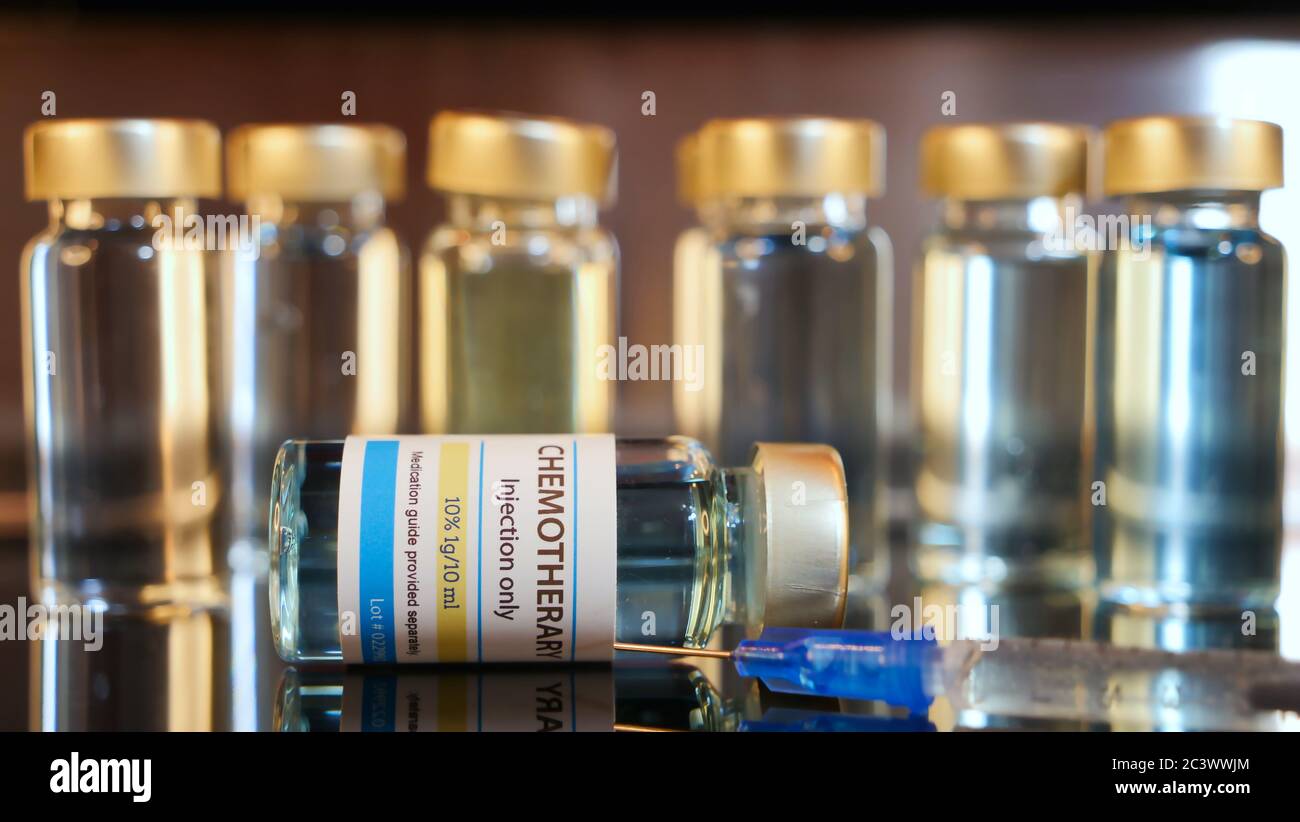 Bottle of chemotherapy on a stainless steel background Stock Photo Alamy