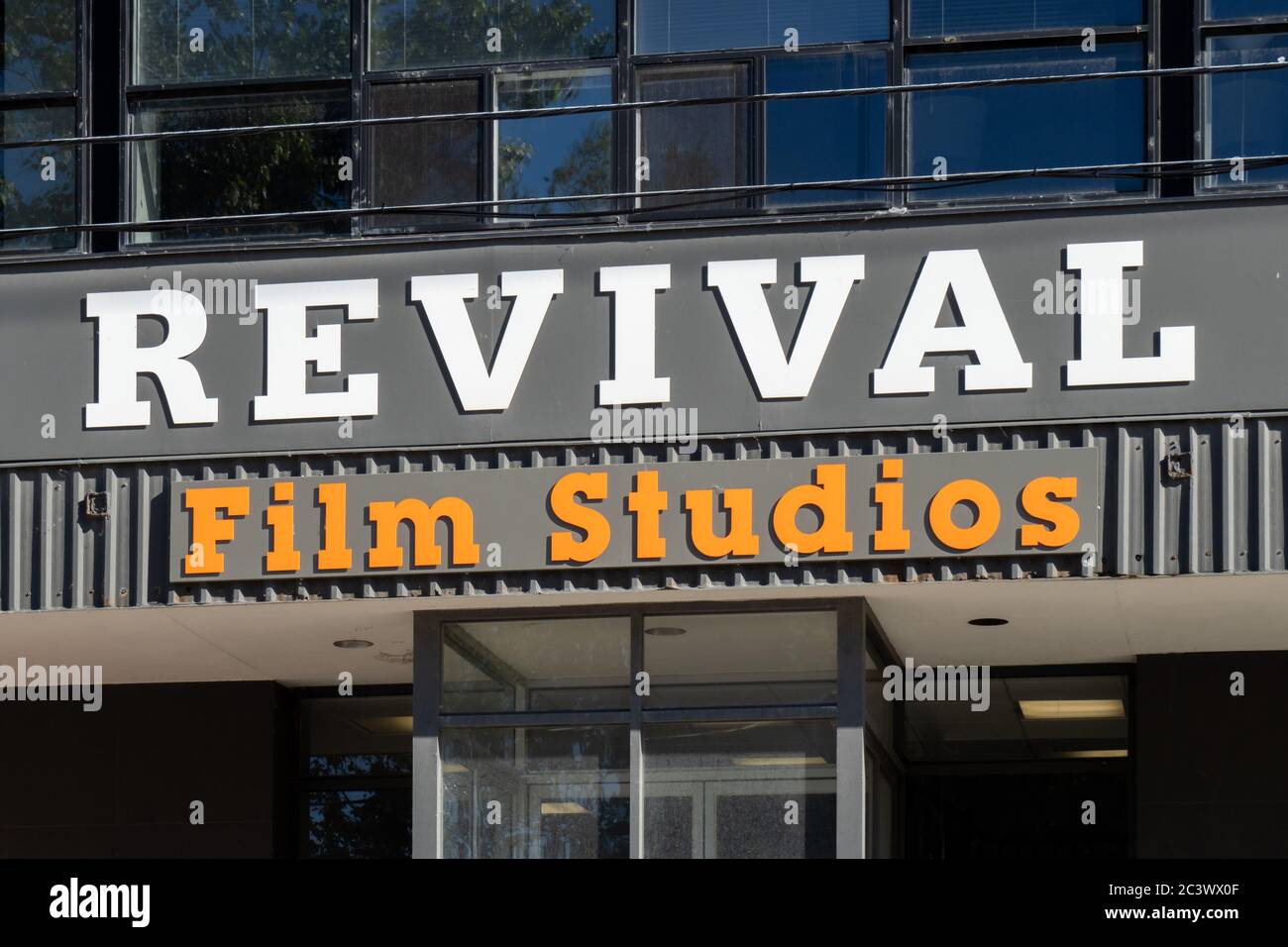 Toronto Canada, June 14, 2020; The sign on the main sound stage building of Revival Film Studios on Eastern Avenue in Toronto Stock Photo