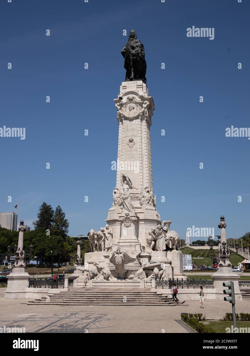 Marquis of Pombal statue represents the Marquess of Pombal, governor of Lisbon between 1750 and 1777. He is depicted standing next to a lion, a symbol Stock Photo