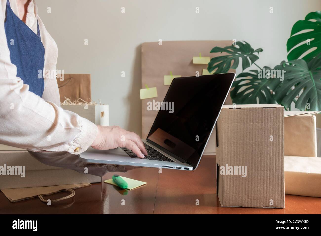 A lot of Craft Paper Bags and Boxes stay near by Packer with laptop