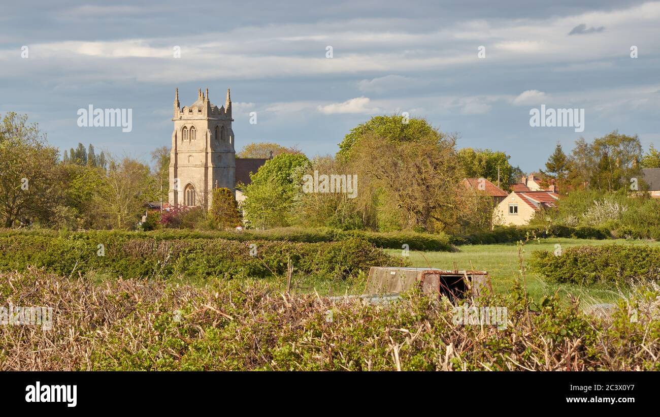 St Mary and All Saints Church Swarby village Lincolnshire seen across fields on a sunny April evening Stock Photo