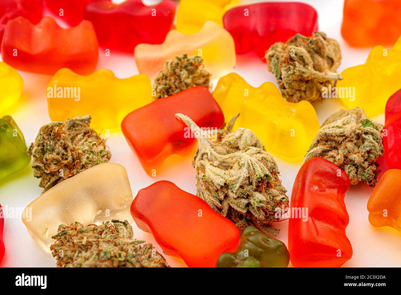 Cannabis edibles, medical marijuana, CBD infused gummies and edible pot concept theme with close up on colorful gummy bears and weed buds on white bac Stock Photo
