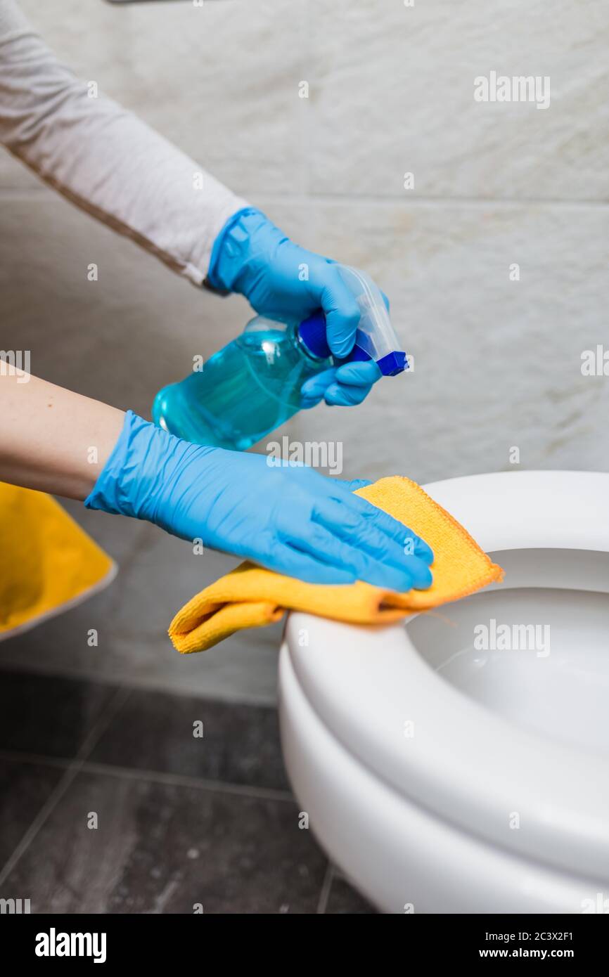 Close up of female hands in rubber gloves cleaning toilet bowl with  disinfectant and cloth Stock Photo - Alamy