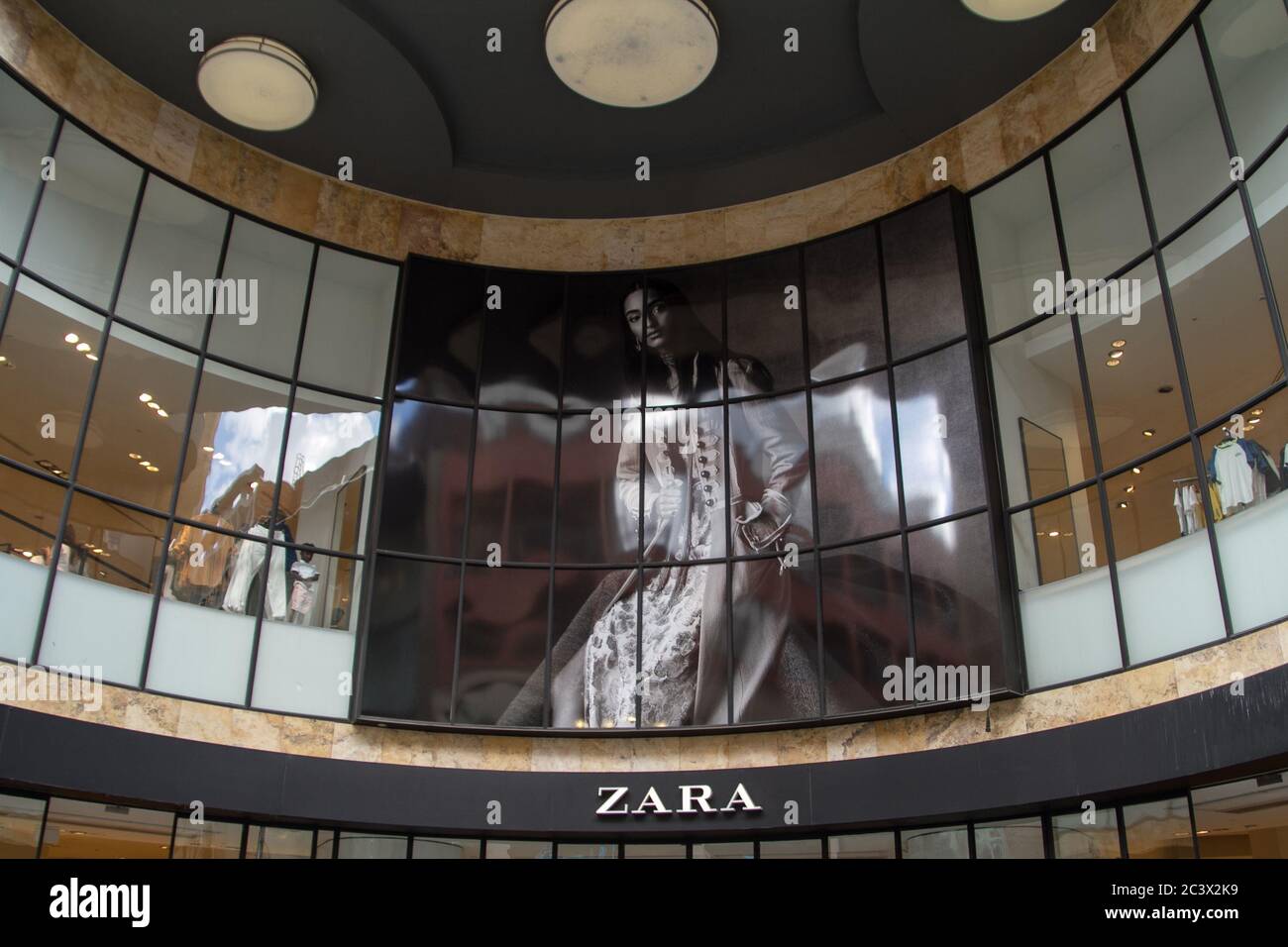 ZARA logo for Spanish clothing stores. Zara is the main fashion clothing brand for children and adults of the Spanish company Inditex, which also owns Stock Photo