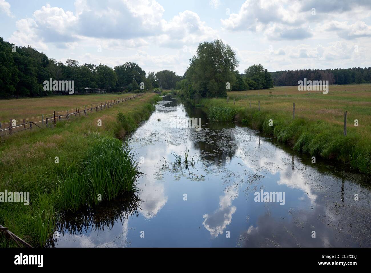 The river Aller flows sluggishly through the meadows near Gifhorn, with fences at the edge and individual bushes and trees, cloud reflections in the w Stock Photo