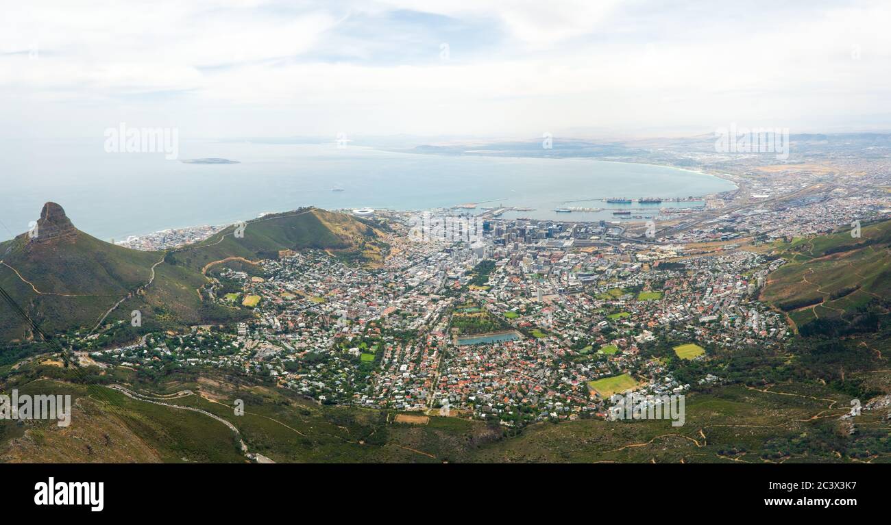 panoramic views of cape town city in south africa from the bottom of the table mountain in south africa in a cloudy day Stock Photo