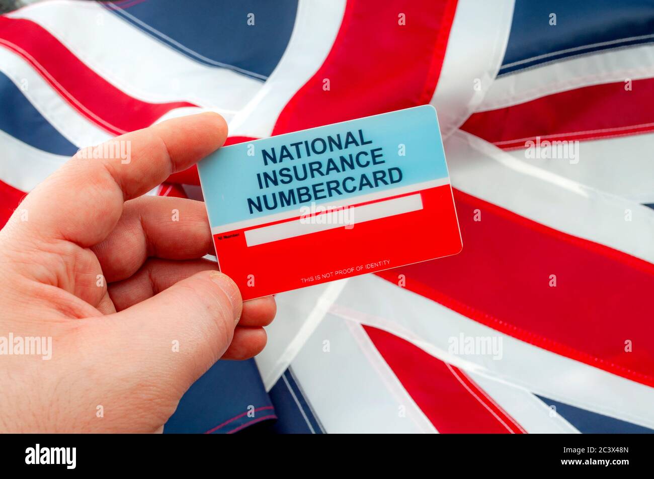 Social security system, access to safety net programs in Great Britain concept theme with a blank National Insurance Number card or NINO held in one Stock Photo