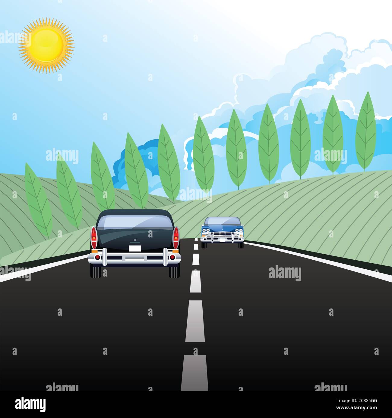 Drivers travelling along a country road with blue cloudy sky Stock