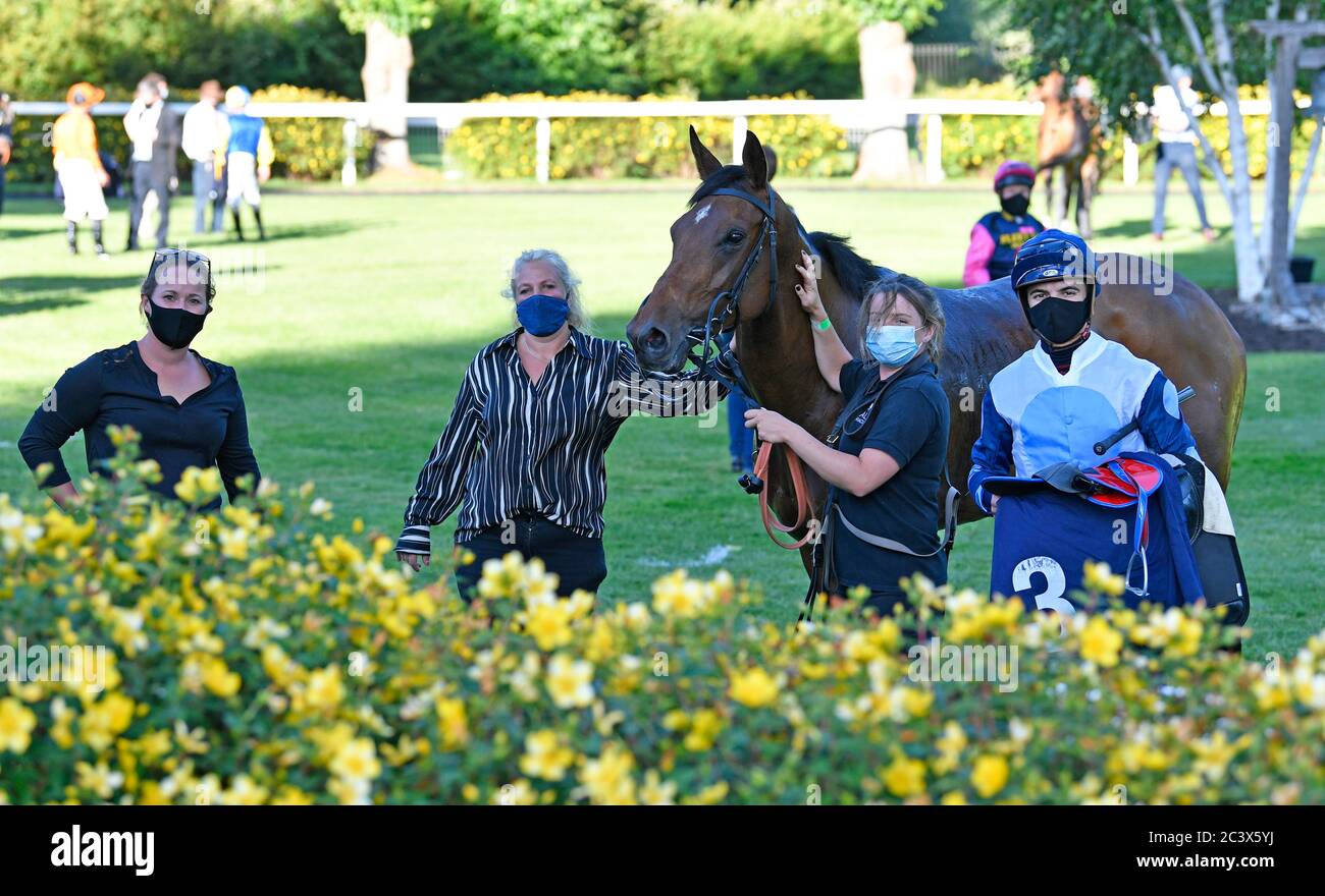 Napping and jockey Gabriele Malune after winning the Download The At The Races App Handicap at Windsor Racecourse. Stock Photo