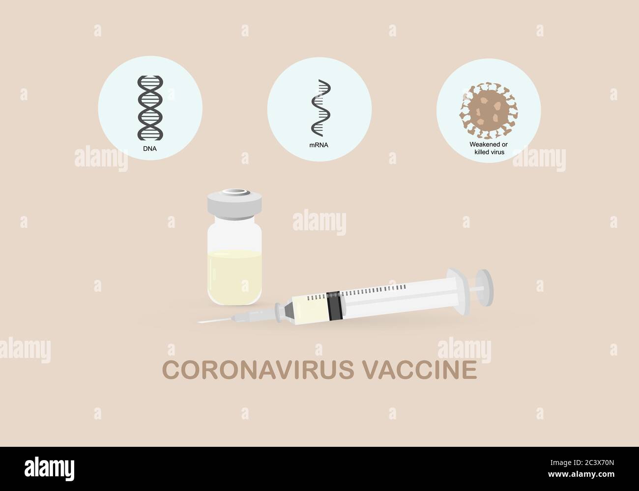 Concepts of different types of coronavirus vaccine. Vaccine may be made from DNA, mRNA or weakened or killed virus. Stock Vector