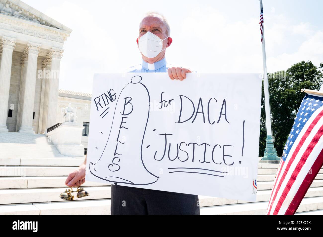 Washington, United States. 22nd June, 2020. June 22, 2020 - Washington, DC, United States: Pro-DACA (Deferred Action for Childhood Arrivals) demonstration in front of the Supreme Court. The purpose of the rally was to celebrate last week's Supreme Court decision on DACA and to push for a permanent solution. Bells were rung in seven minute intervals to honor the 700,000 DACA recipients affected by the Supreme Court decision. (Photo by Michael Brochstein/Sipa USA) Credit: Sipa USA/Alamy Live News Stock Photo