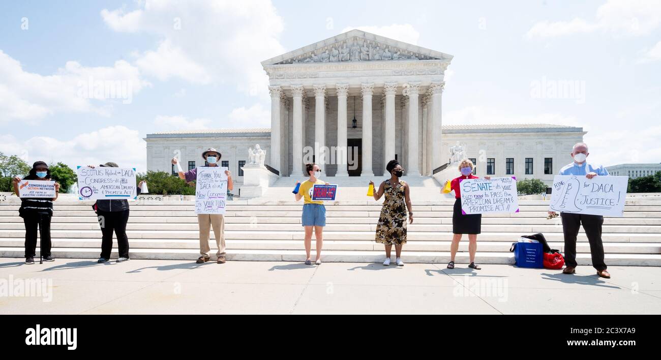 Washington, United States. 22nd June, 2020. June 22, 2020 - Washington, DC, United States: Pro-DACA (Deferred Action for Childhood Arrivals) demonstration in front of the Supreme Court. The purpose of the rally was to celebrate last week's Supreme Court decision on DACA and to push for a permanent solution. Bells were rung in seven minute intervals to honor the 700,000 DACA recipients affected by the Supreme Court decision. (Photo by Michael Brochstein/Sipa USA) Credit: Sipa USA/Alamy Live News Stock Photo
