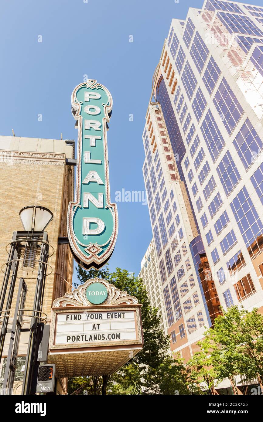 Portland, OR, USA - June 27, 2018: Famous street sign Portland on the building of Arlene Schnitzer Concert Hall, a historic theater building and perfo Stock Photo