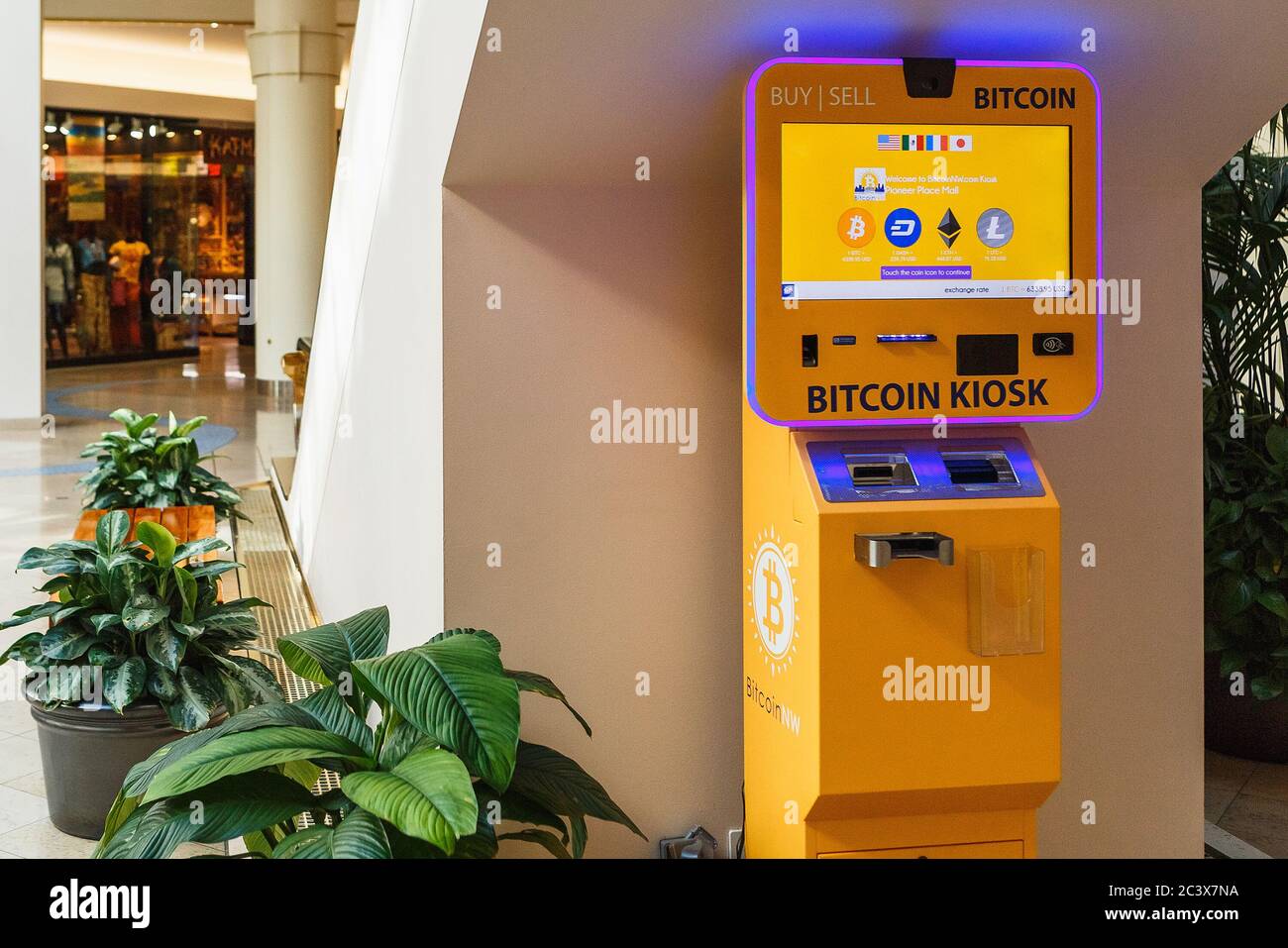 Portland, OR, USA - June 27, 2018 : Bitcoin Kiosk machine at Pioneer Place, shopping mall, in downtown Portland, Oregon state Stock Photo