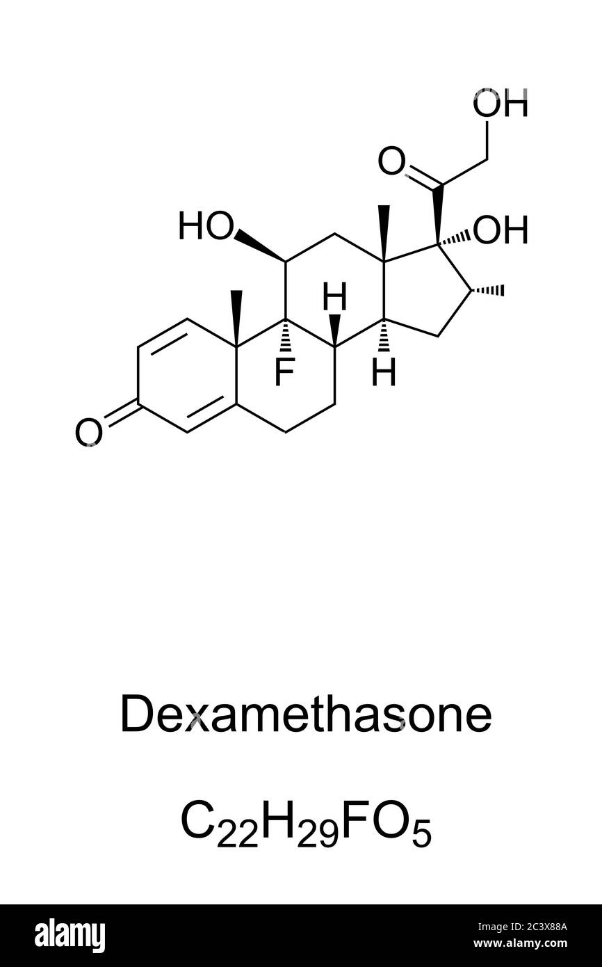 Dexamethasone. Chemical structure. Corticosteroid medication. Treatment of rheumatic problems, skin diseases, allergies, asthma, chronic lung disease. Stock Photo