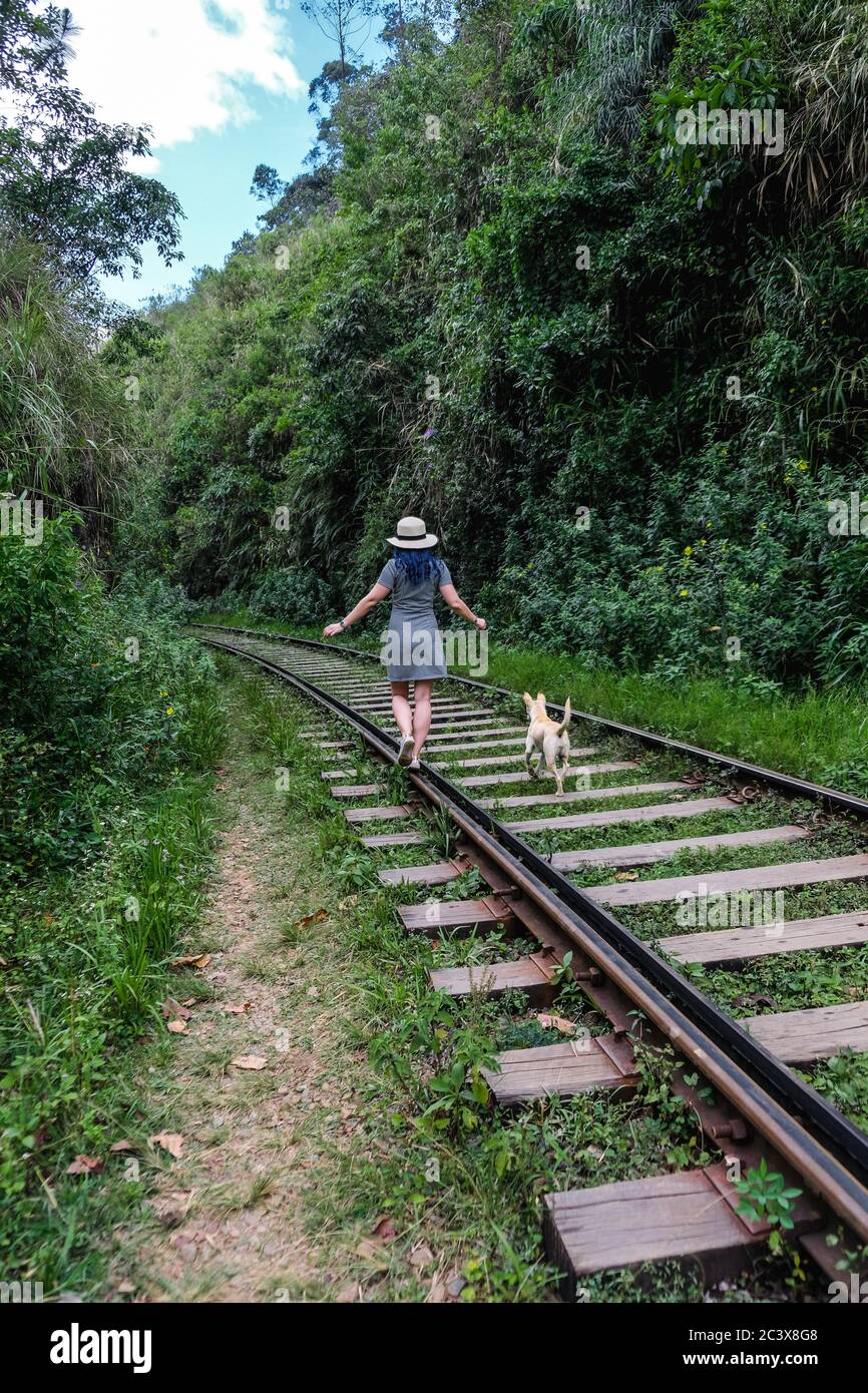 A girl in a hat walking along the train railway together with a dog. Green forest outside. Waiting for the Ella train to come. Stock Photo